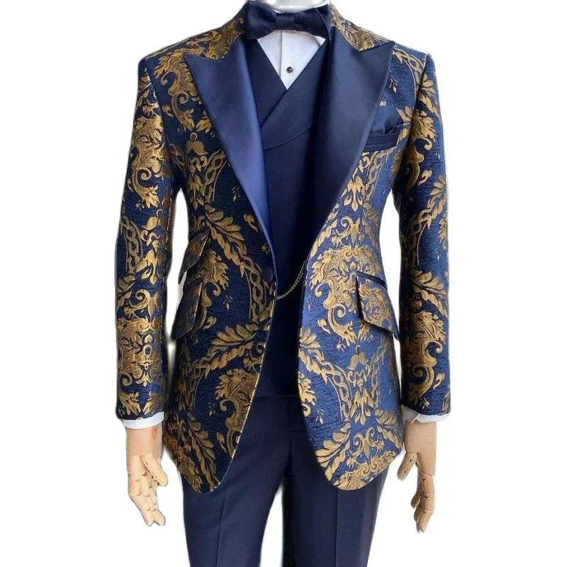 Traje de esmoquin de jacquard para hombre, corte entallado, para boda, azul marino y dorado, con chaqueta y pantalón de jacquard, disponible en 3 piezas.