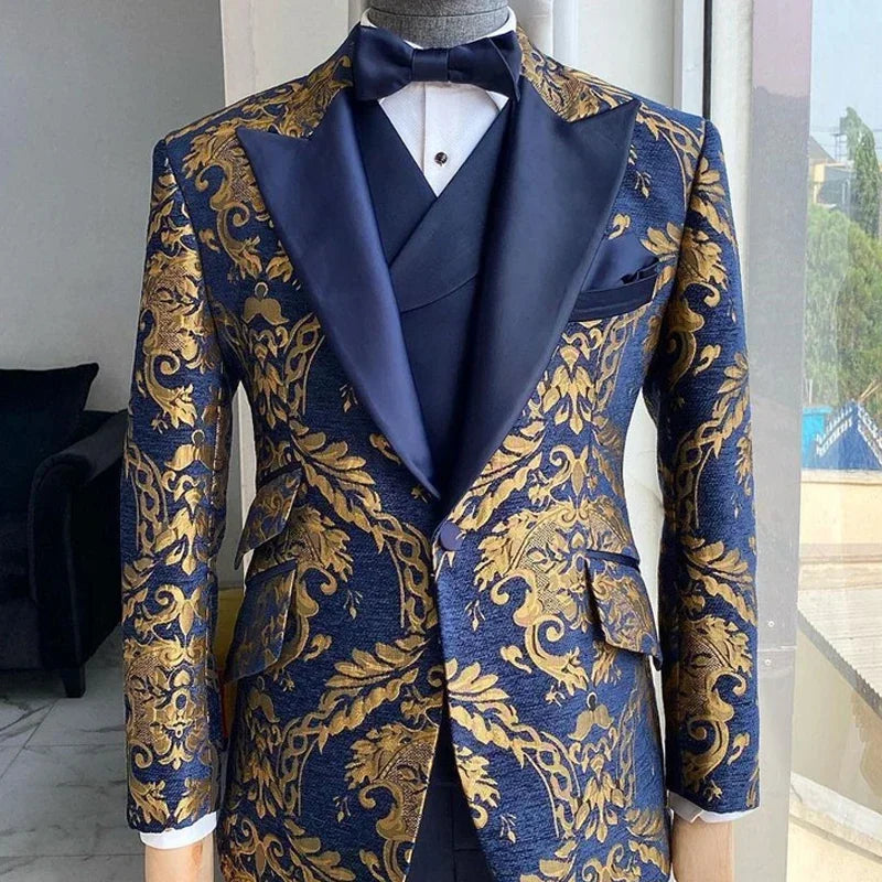 Jacquard Tuxedo Suits For Men Wedding Slim Fit Navy Blue Gold Jacquard Groom Gentleman Jacket With Vest Pant 3 Pcs In Stock