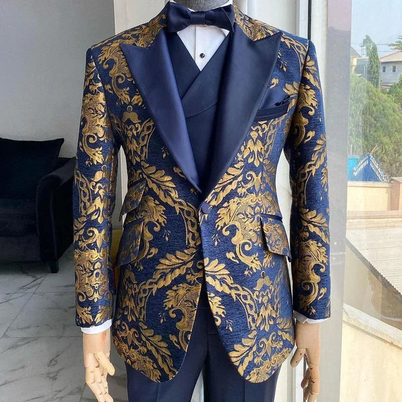 Jacquard Tuxedo Suits For Men Wedding Slim Fit Navy Blue Gold Jacquard Groom Gentleman Jacket With Vest Pant 3 Pcs In Stock