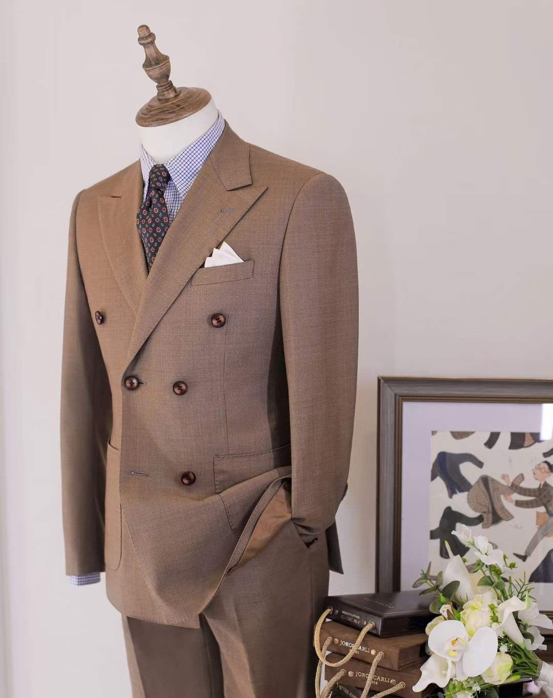 Men's Suit 2 Pieces Blazer Pants Double Breasted Peaked Lapel Business Slim Fit Formal Work Wedding Groom Costume Homme