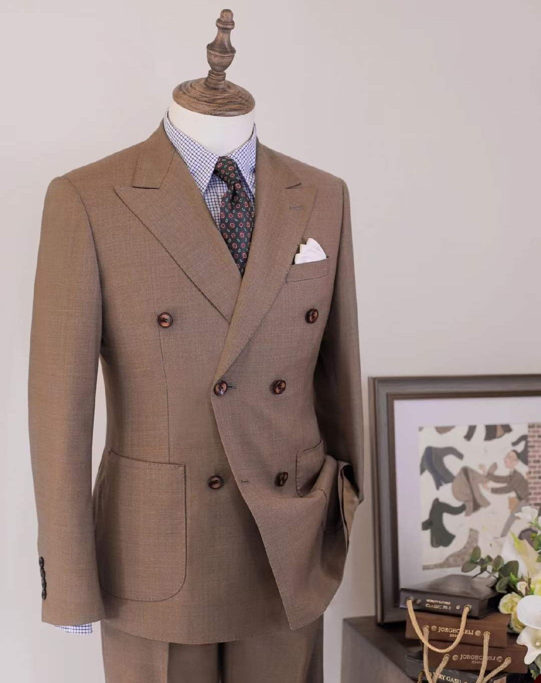 Men's Suit 2 Pieces Blazer Pants Double Breasted Peaked Lapel Business Slim Fit Formal Work Wedding Groom Costume Homme