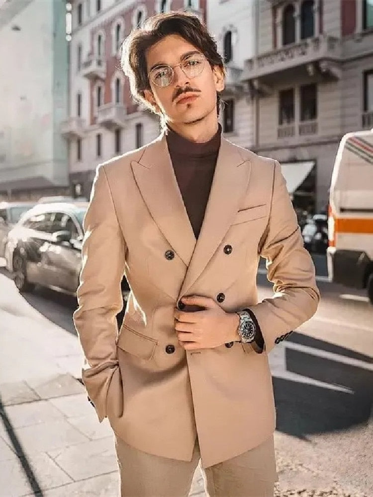 Costume kaki 2 pièces pour homme, blazer et pantalon croisés, revers en pointe, smoking, coupe slim, costume de mariage moderne pour homme 