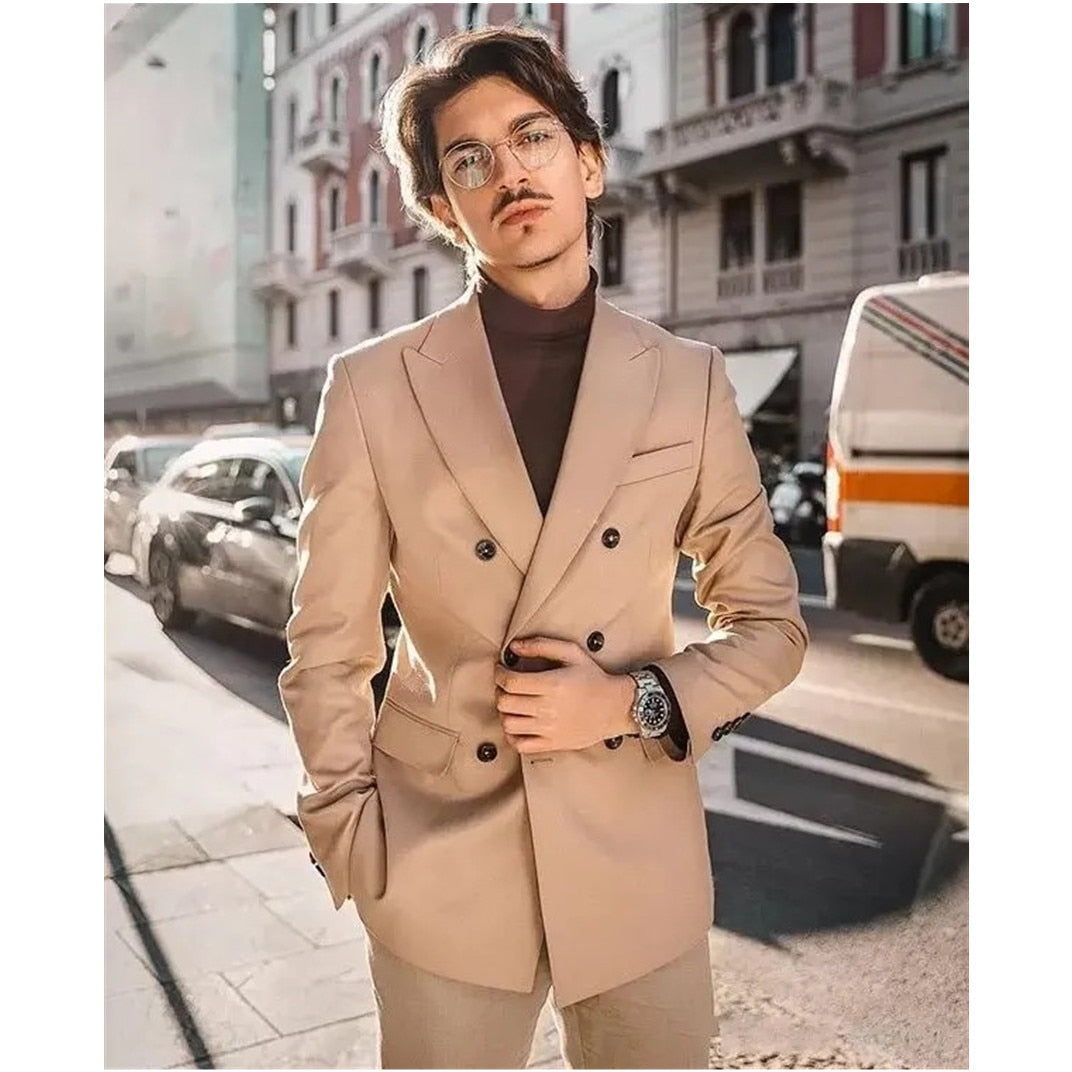 Costume kaki 2 pièces pour homme, blazer et pantalon croisés, revers en pointe, smoking, coupe slim, costume de mariage moderne pour homme 