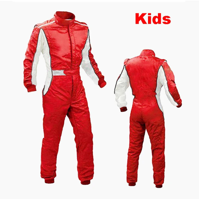 Traje de carreras rojo y blanco para niños, mono de cuerpo entero para deportes de karting 
