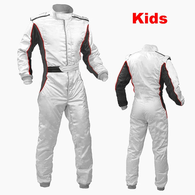 Traje de carreras rojo y blanco para niños, mono de cuerpo entero para deportes de karting 