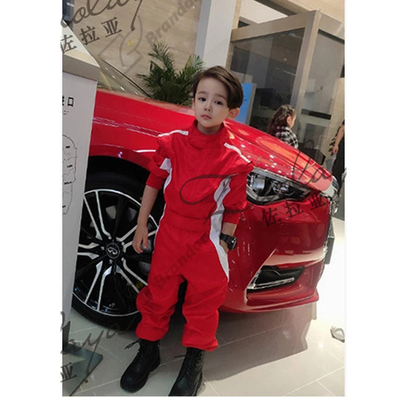 Traje de carreras rojo y blanco para niños, mono de cuerpo entero para deportes de karting 