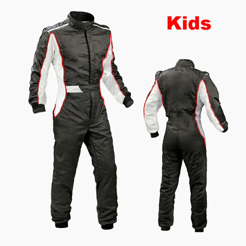 Traje de carreras rojo y blanco para niños, mono de cuerpo entero para deportes de karting 