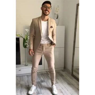 Khaki Blazer Suits for Men Single Breasted Notched Lapel Terno Casual Full Set Business 2 Piece Jacket Pants Slim Fit