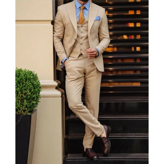 Khaki Business Men Tuxedo Formal Dress Suits Casual Peaked Lapel Party Wedding Groom Blazer Sets 3 Pieces