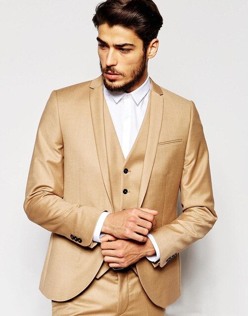 Khaki Custom Made Groom Groomsmen lapel Groom Dress Slim Fit Men's Suit Wedding Best Men's Blazer 3 Piece (Jacket+Pant+Vest+Tie)