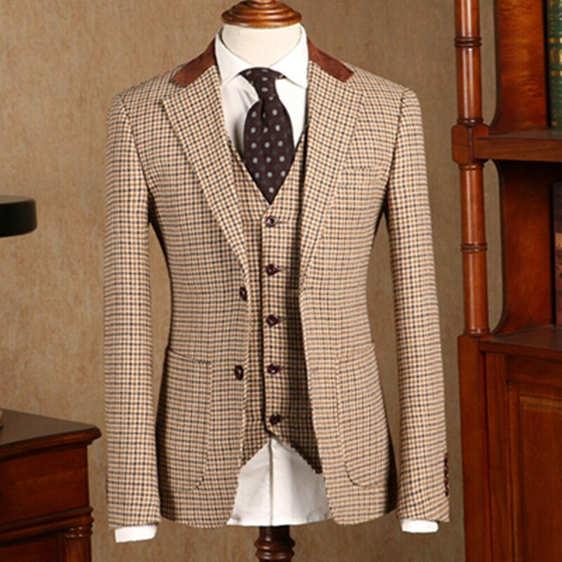 Conjunto de 3 piezas de traje caqui para hombre: blazer, chaleco y pantalones, esmoquin formal para novio, para boda, hecho a medida, chaqueta y abrigo. 