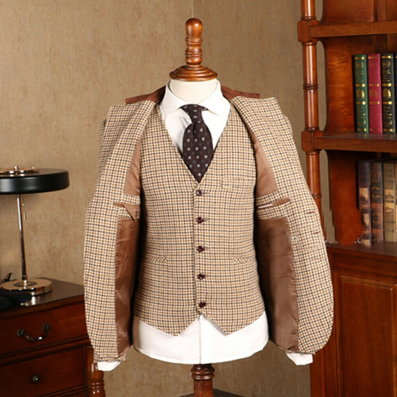Conjunto de 3 piezas de traje caqui para hombre: blazer, chaleco y pantalones, esmoquin formal para novio, para boda, hecho a medida, chaqueta y abrigo. 
