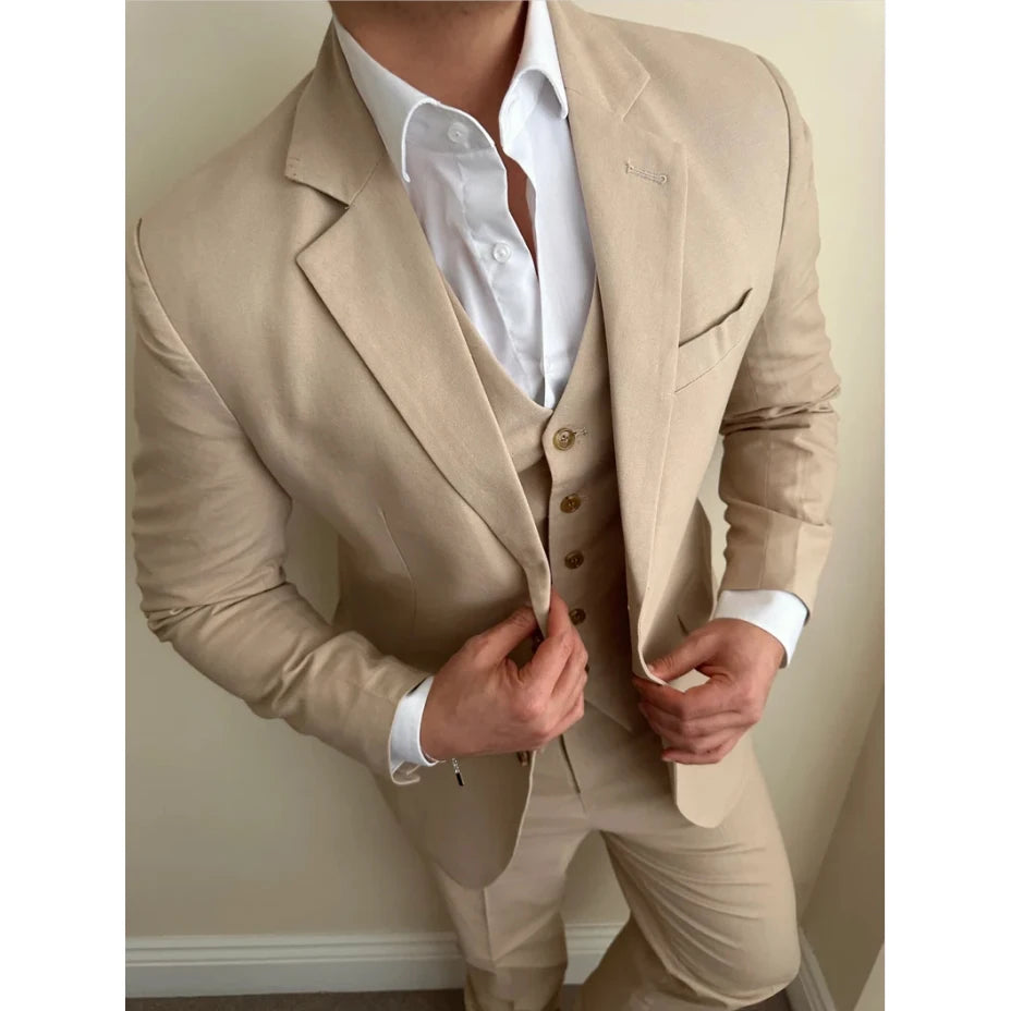 Trajes de hombre color caqui de botonadura sencilla con solapa con muesca, planos, largo regular, formales, de lujo, de 3 piezas, chaqueta, pantalón, chaleco, para boda