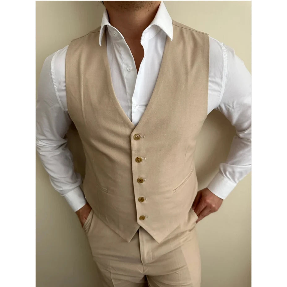 Trajes de hombre color caqui de botonadura sencilla con solapa con muesca, planos, largo regular, formales, de lujo, de 3 piezas, chaqueta, pantalón, chaleco, para boda