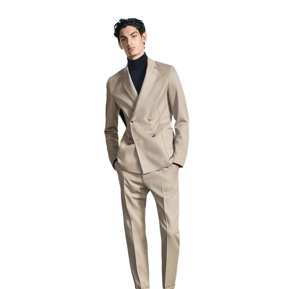 Khaki Men Suit 2 Pieces Business Blazer Pants Double Breasted New Modern Lapel Wedding Groom Formal Work Party Causal Tailored