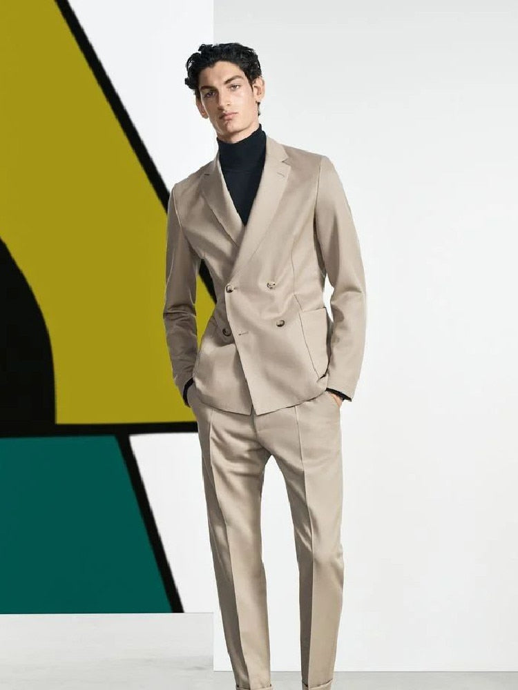Khaki Men Suit 2 Pieces Business Blazer Pants Double Breasted New Modern Lapel Wedding Groom Formal Work Party Causal Tailored