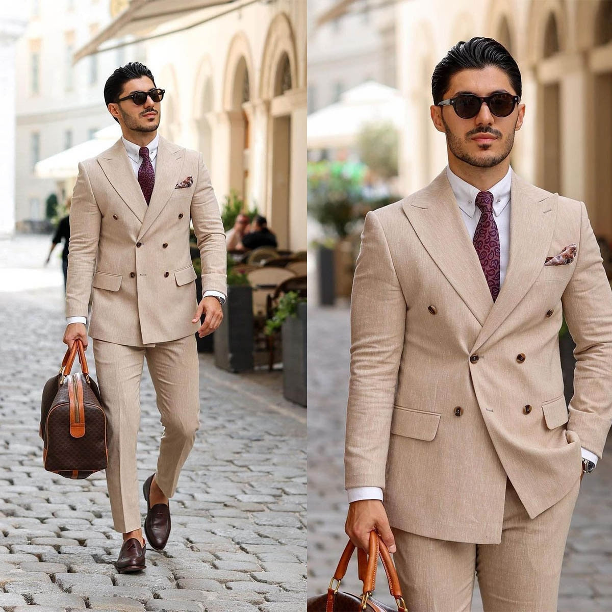 Costume kaki 2 pièces pour homme, blazer et pantalon croisés, revers en pointe, tenue de travail, costume sur mesure pour marié 
