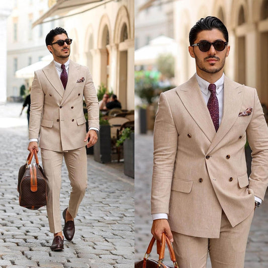 Khaki Men's Suit 2 Pieces Blazer Pants Double Breasted Peaked Lapel Work Wear Wedding Groom Tailored Costume Homme