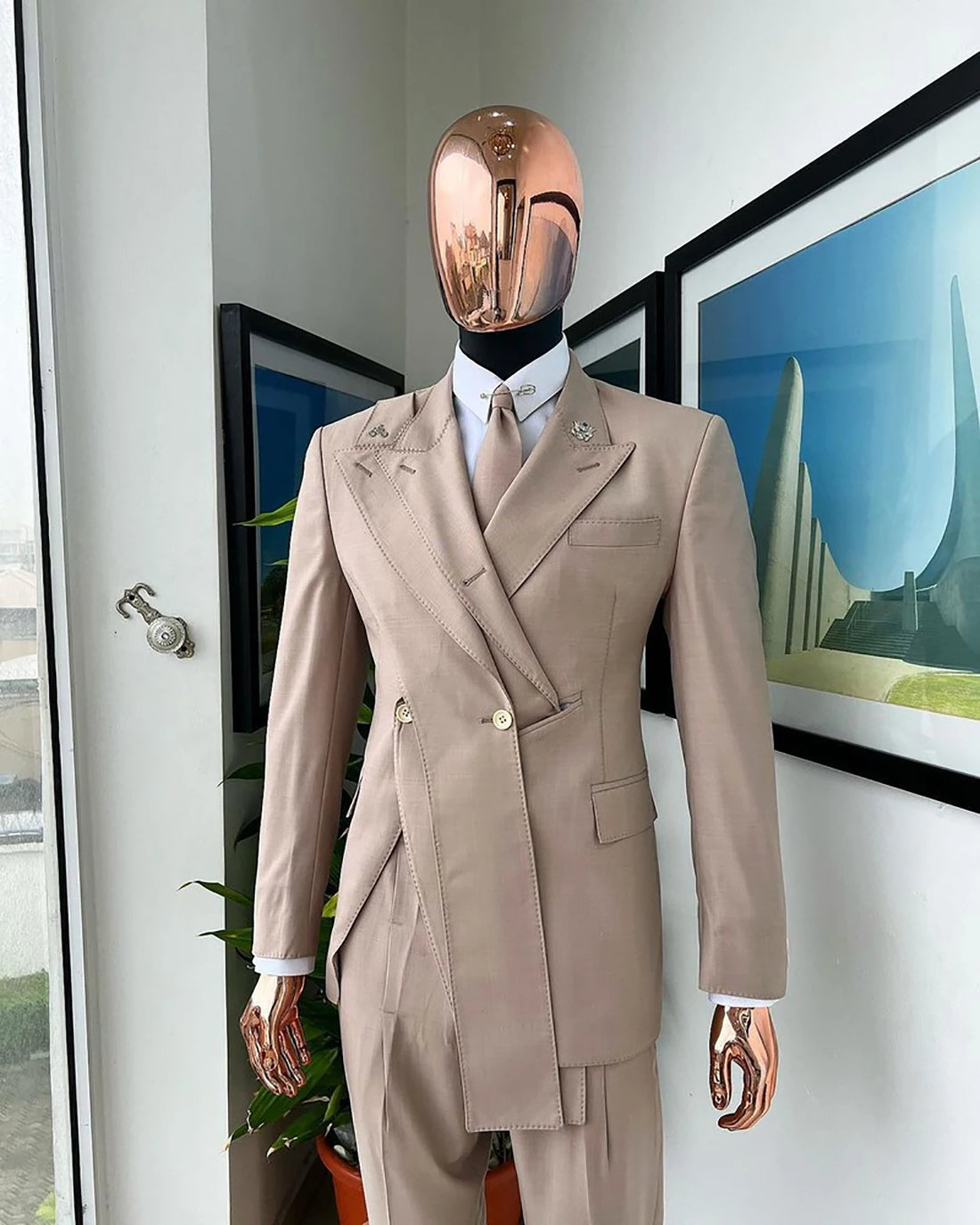 Ensemble élégant costume kaki 2 pièces pour homme, blazer croisé et pantalon, smoking slim fit pour mariages et événements professionnels