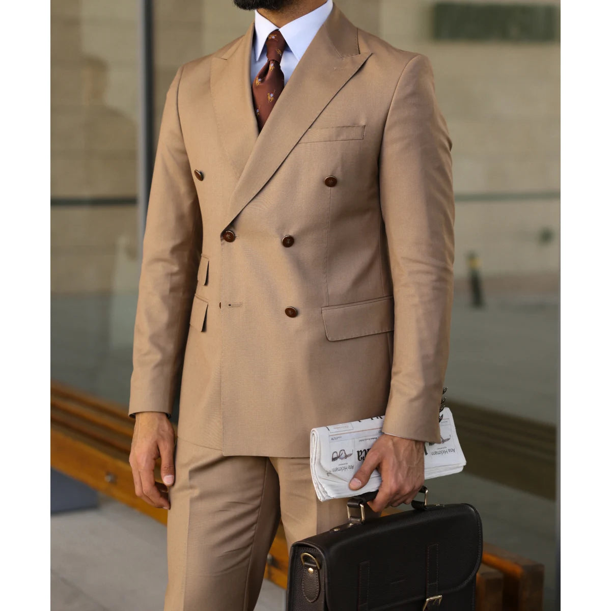 Trajes de hombre color caqui con doble botonadura y solapa de pico, ropa formal para ocasiones especiales, chaqueta de 2 piezas, pantalones, corte entallado, Terno Masculino