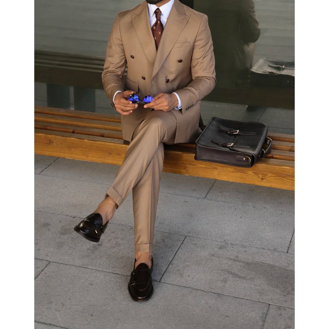 Costume kaki pour homme, double boutonnage, revers pointus, tenue de soirée, ensemble 2 pièces, veste et pantalon, coupe slim.