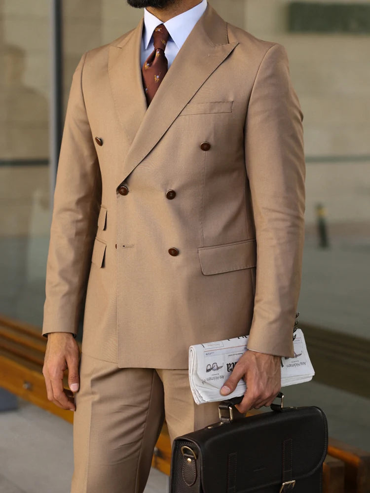 Trajes de hombre color caqui con doble botonadura y solapa de pico, ropa formal para ocasiones especiales, chaqueta de 2 piezas, pantalones, corte entallado, Terno Masculino