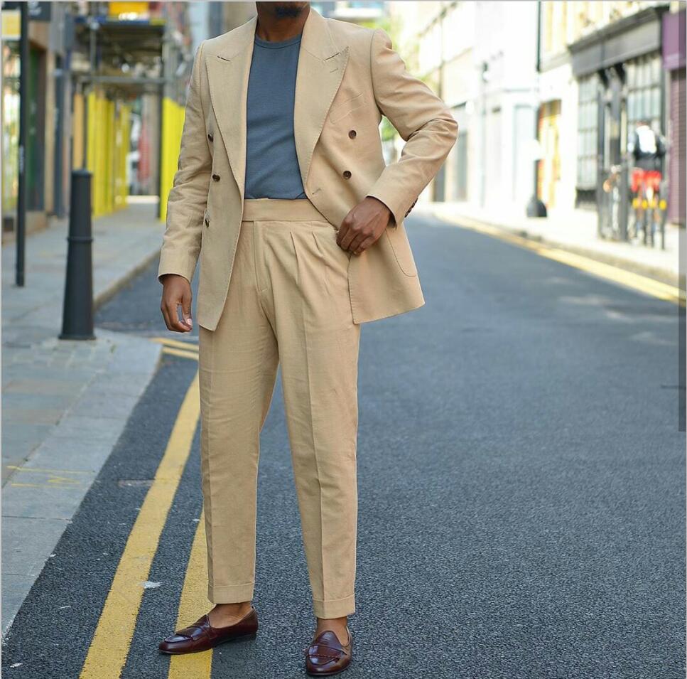 Khaki men Tuxedo Groom Suits Peaked Lapel Slim Fit Two Button Business Prom Party Blazer Jacket (Jacket+Pants)