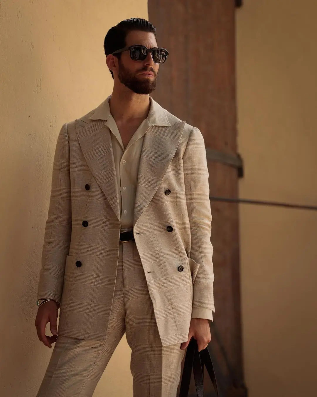 Khaki Plaid Men Suit Tailor-Made 2 Pieces Blazer Pants Double Breated High Fashion Wedding Groom Business Causal Prom Tailored