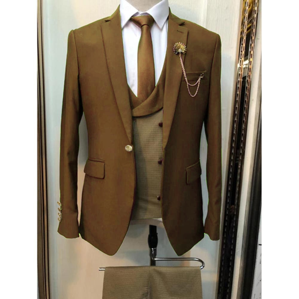 Costume kaki pour homme, 3 pièces, veste, pantalon et gilet, coupe slim, smoking, mariage, bal de promo 