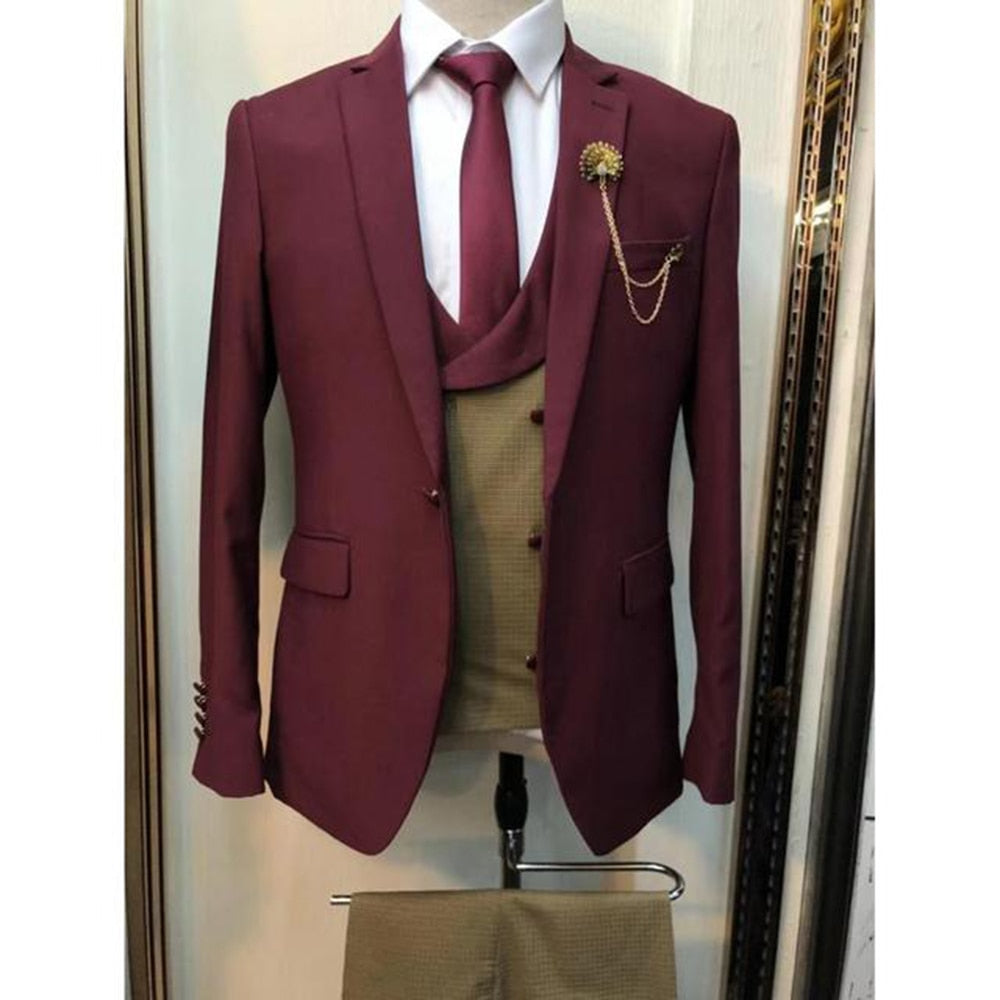 Costume kaki pour homme, 3 pièces, veste, pantalon et gilet, coupe slim, smoking, mariage, bal de promo 