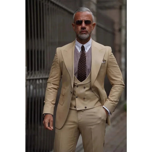 Khaki Suits for Men Costume Homme Peak Lapel Single Breasted Regular Length Smart Casual 3 Piece Jacket Pants Vest Clothing Set