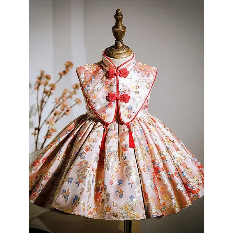 Traditional Floral Patterned Dress for Girls with Red Chinese Knot and Elegant Tassels