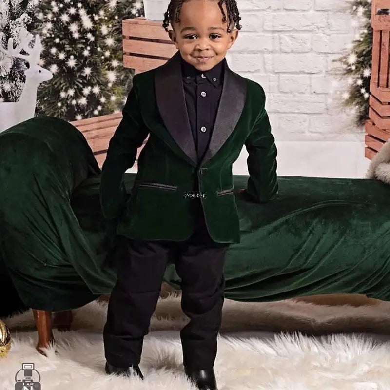 Blazer verde de terciopelo con pantalón negro para niño pequeño, atuendo festivo 
