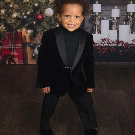 Toddler Boys Velvet Green Blazer with Black Pants Holiday Outfit