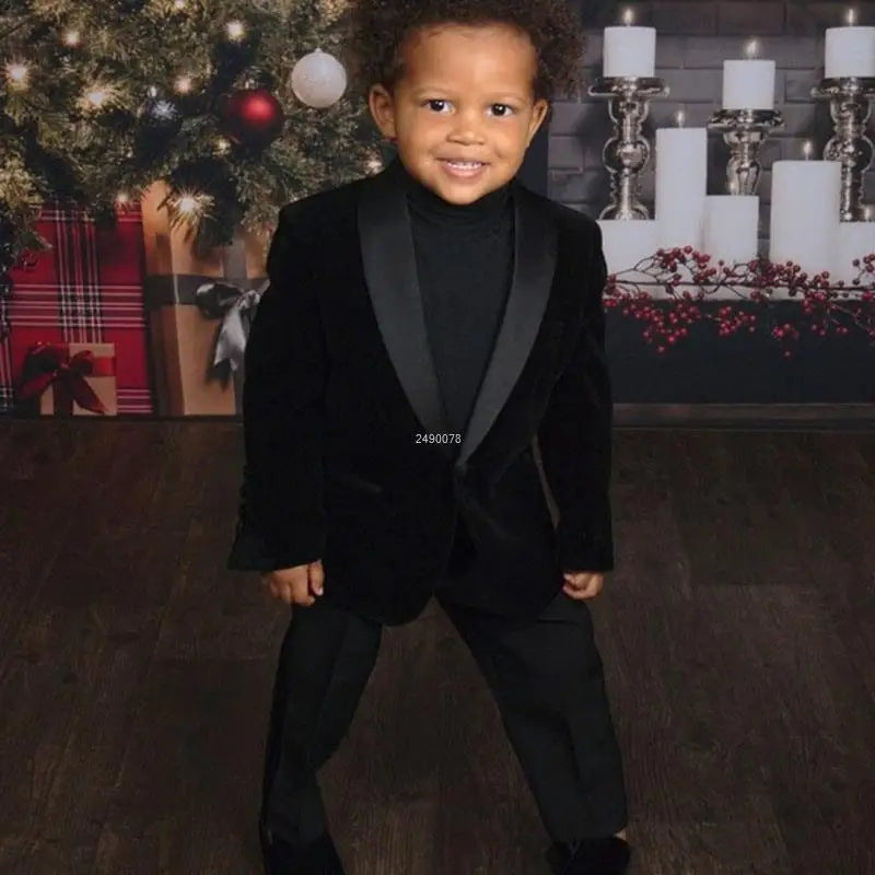 Blazer verde de terciopelo con pantalón negro para niño pequeño, atuendo festivo 