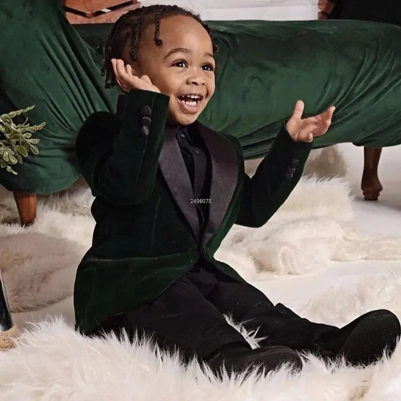 Blazer verde de terciopelo con pantalón negro para niño pequeño, atuendo festivo 