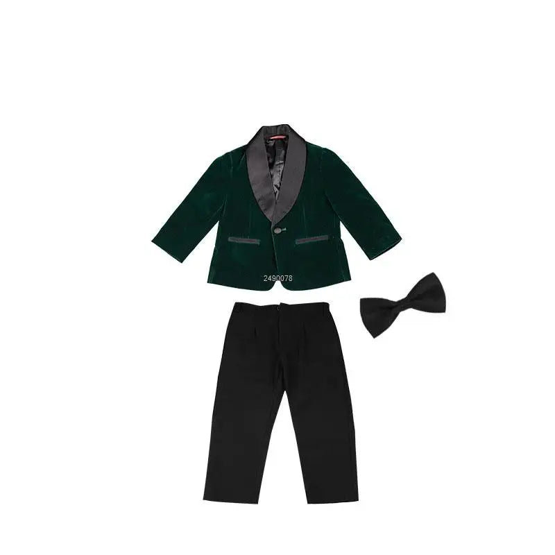 Blazer verde de terciopelo con pantalón negro para niño pequeño, atuendo festivo 