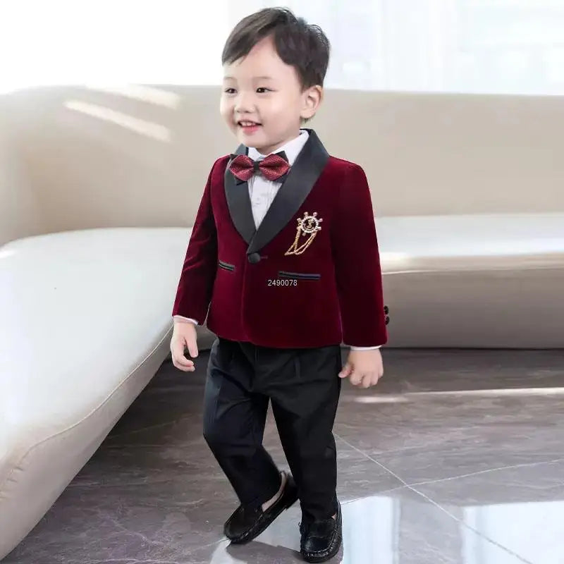 Traje de terciopelo para niño pequeño con blazer, pajarita y pantalones, traje formal de boda 