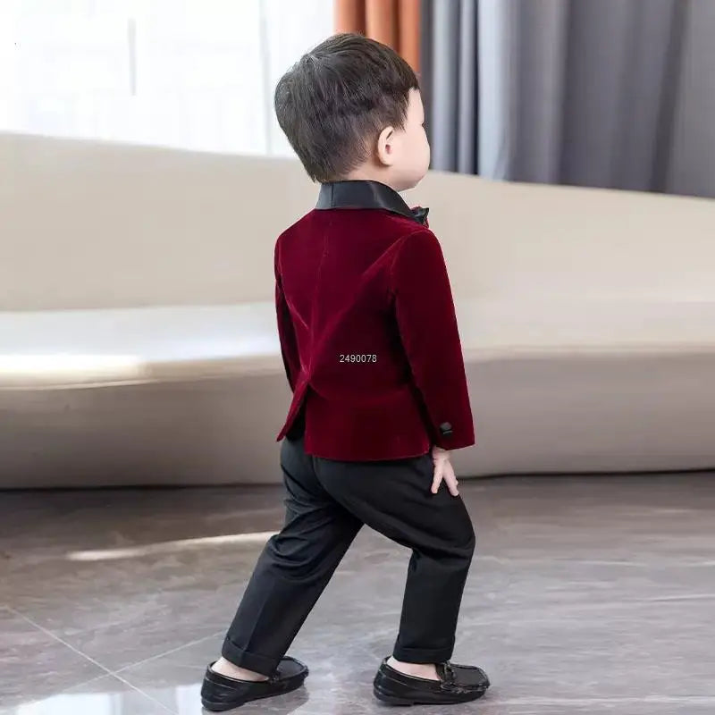 Traje de terciopelo para niño pequeño con blazer, pajarita y pantalones, traje formal de boda 