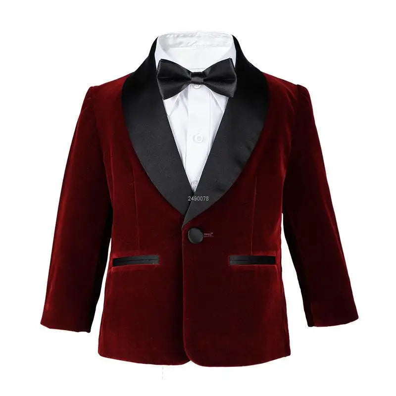 Traje de terciopelo para niño pequeño con blazer, pajarita y pantalones, traje formal de boda 