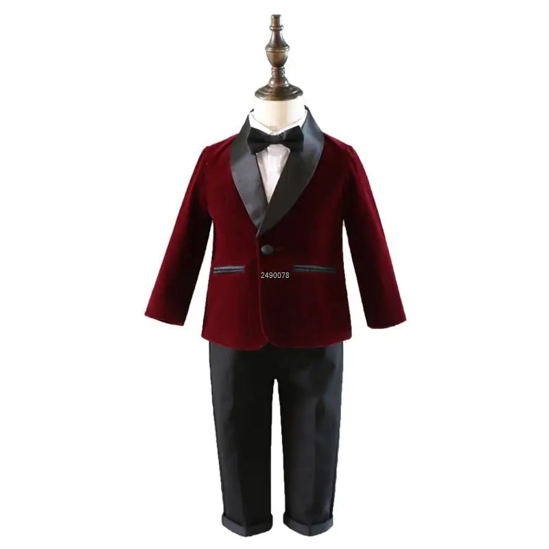 Traje de terciopelo para niño pequeño con blazer, pajarita y pantalones, traje formal de boda 
