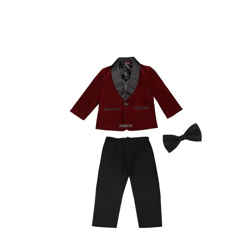 Traje de terciopelo para niño pequeño con blazer, pajarita y pantalones, traje formal de boda 