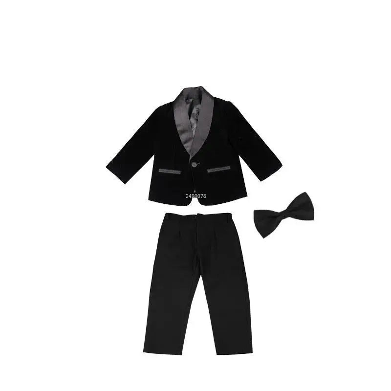 Traje de terciopelo para niño pequeño con blazer, pajarita y pantalones, traje formal de boda 