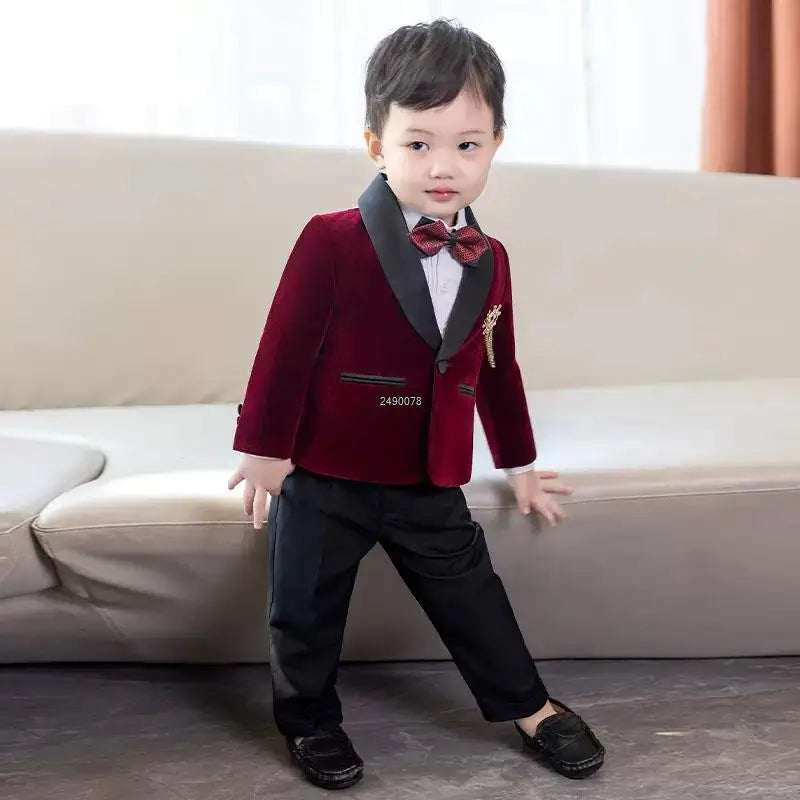 Traje de terciopelo para niño pequeño con blazer, pajarita y pantalones, traje formal de boda 