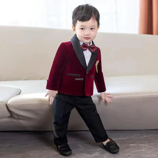 Toddler Boys Velvet Suit Blazer with Bow Tie and Pants Formal Wedding Outfit