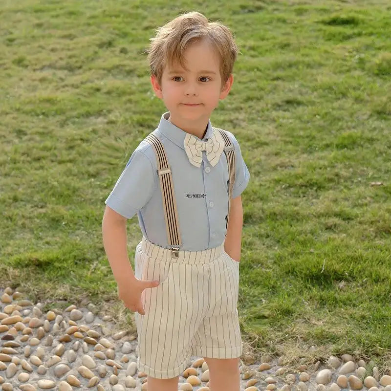 Toddler Boys Blue Shirt with Bow Tie and Striped Suspender Shorts Set