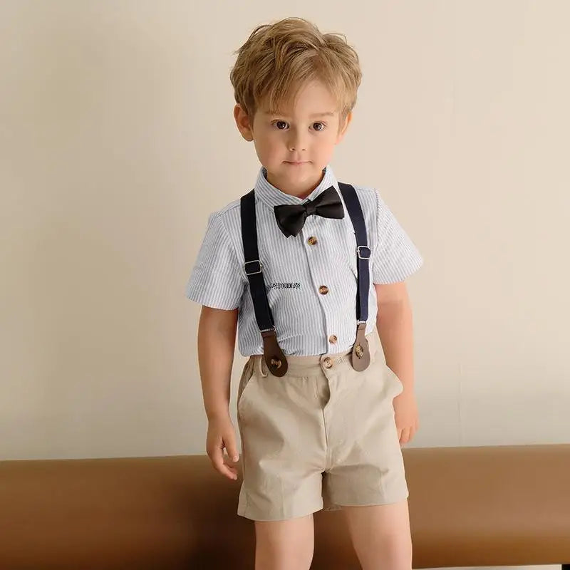 Toddler Boys Blue Shirt with Bow Tie and Striped Suspender Shorts Set
