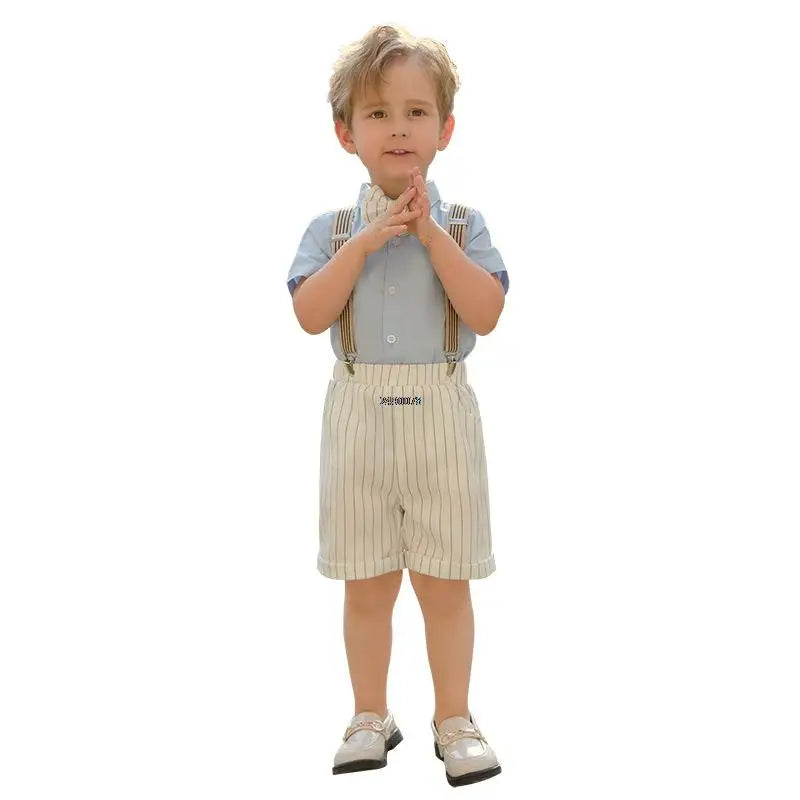 Toddler Boys Blue Shirt with Bow Tie and Striped Suspender Shorts Set