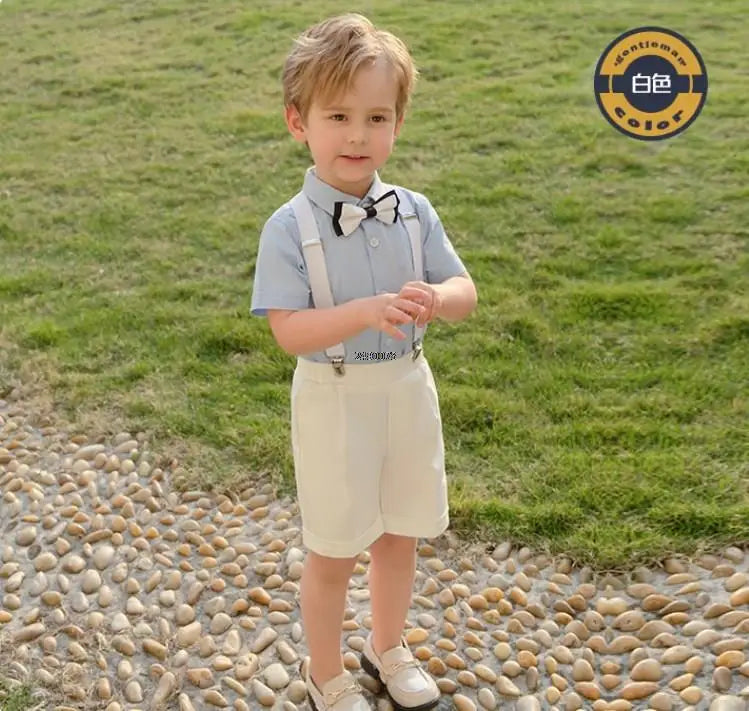 Toddler Boys Blue Shirt with Bow Tie and Striped Suspender Shorts Set
