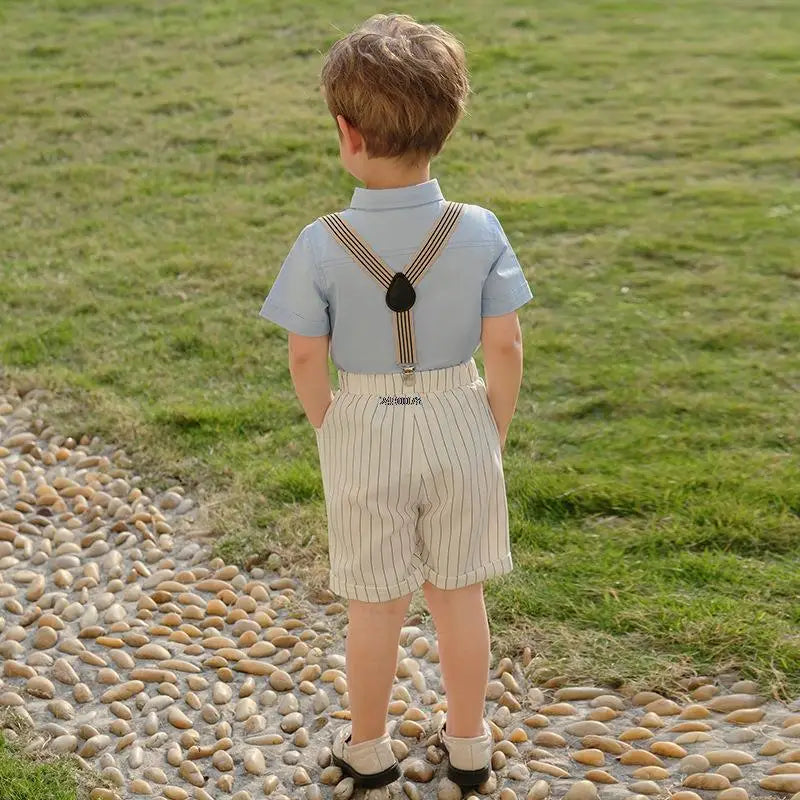 Toddler Boys Blue Shirt with Bow Tie and Striped Suspender Shorts Set